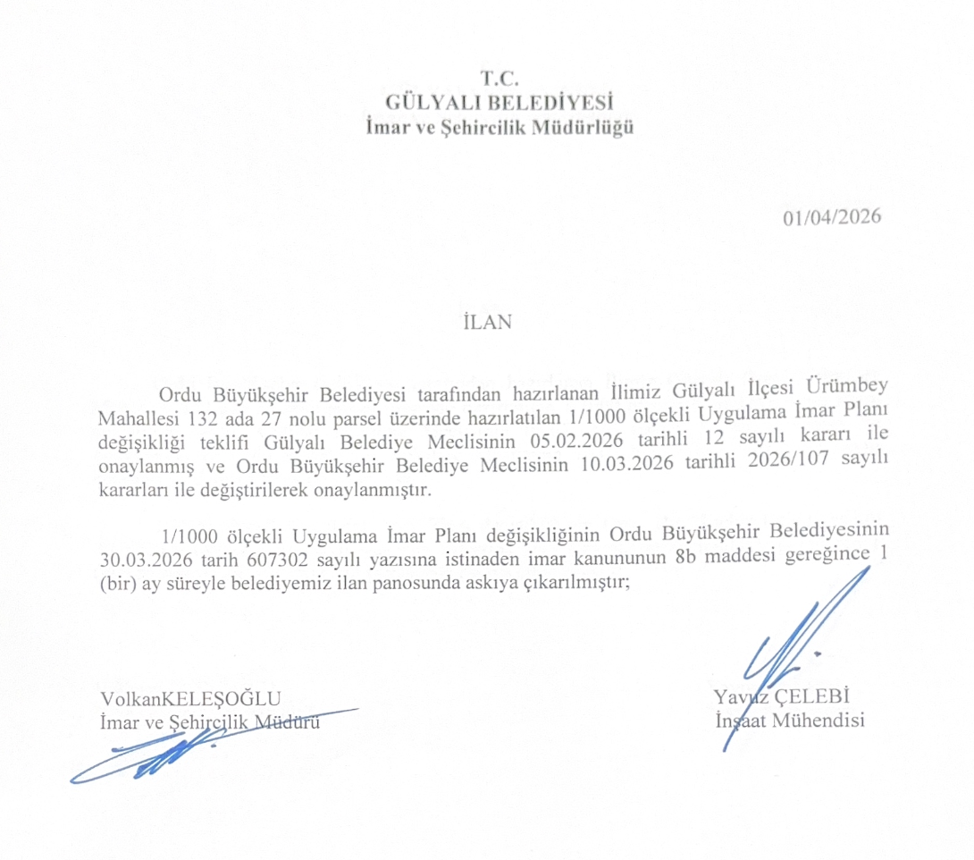 1/1000 ölçekli uygulama imar plan tadilatı askısı