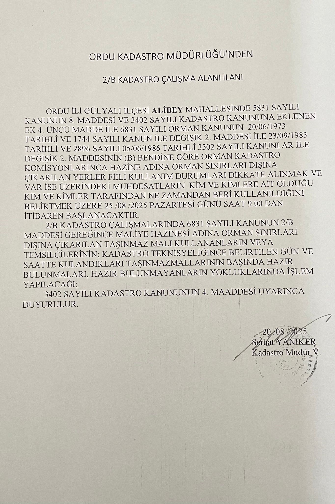 ALİBEY MAHALLESİ 2/B KADASTRO ÇALIŞMA ALANI İLANI