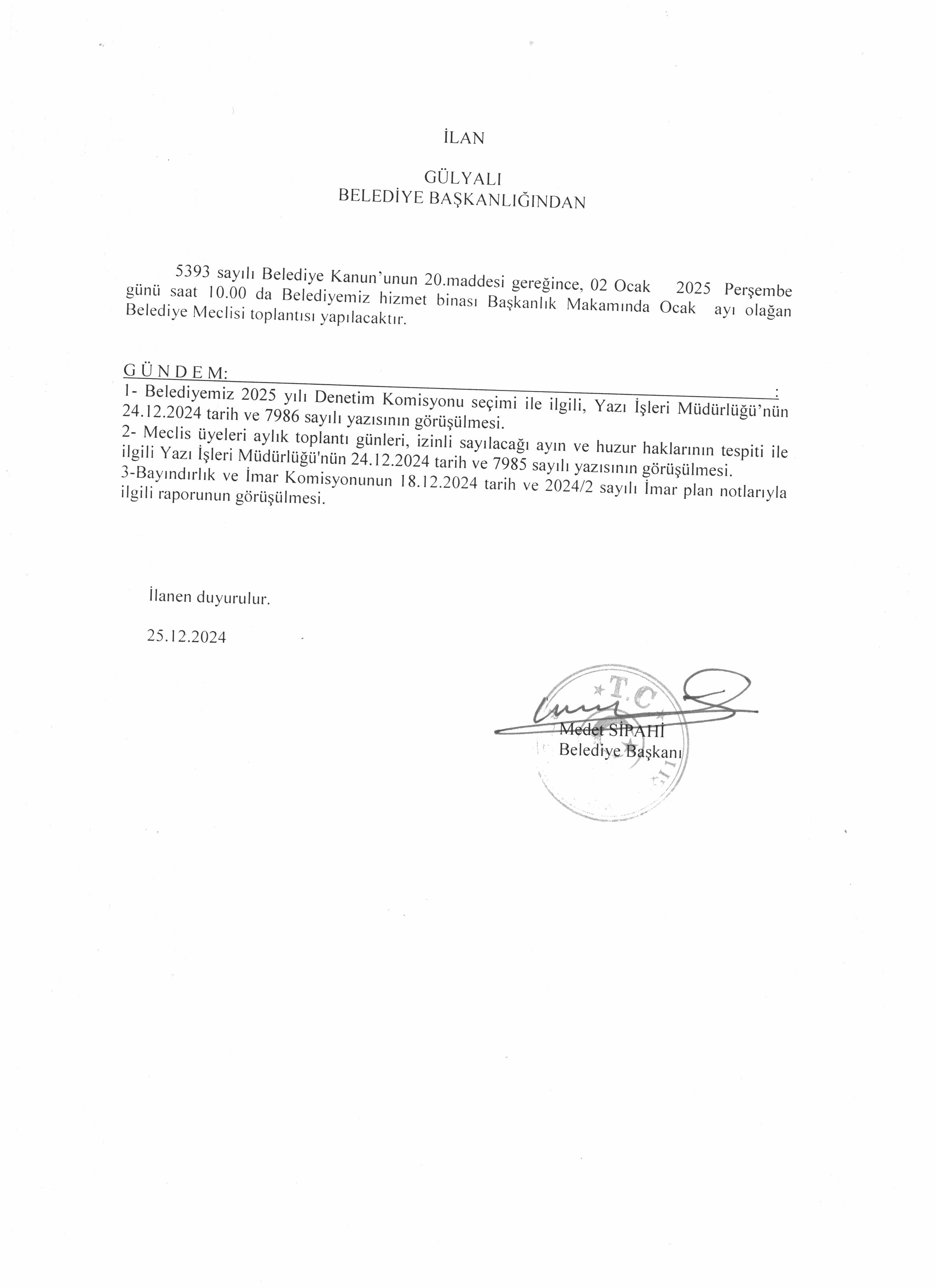 OCAK AYI OLAĞAN BELEDİYE MECLİS TOPLANTISI